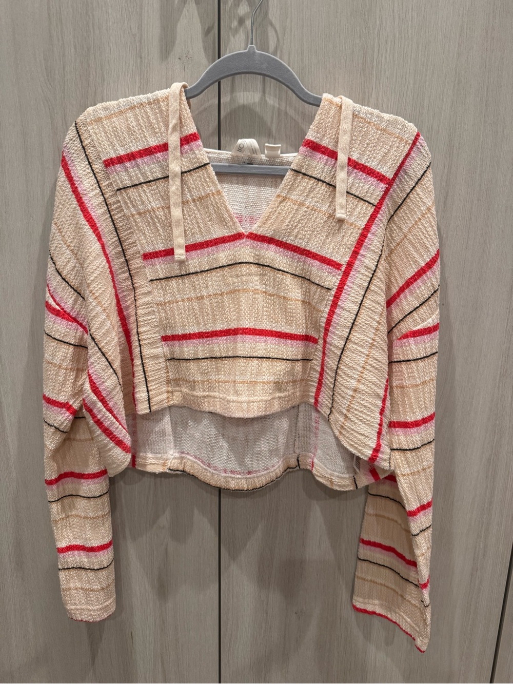 Roxy Cream Cropped Hoodie with Red & Black Stripes